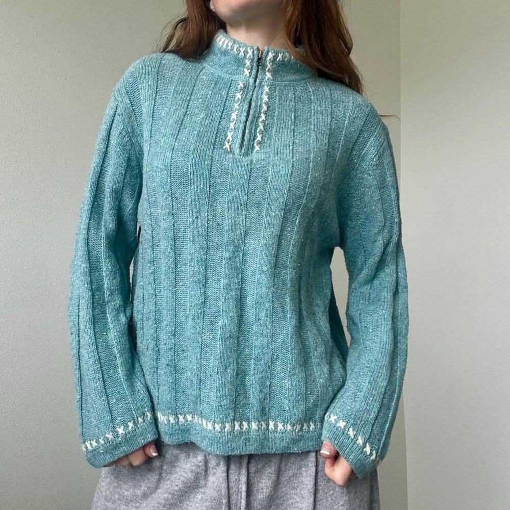 Vintage woolrich aqua blue ribbed knit quarter zip sweater